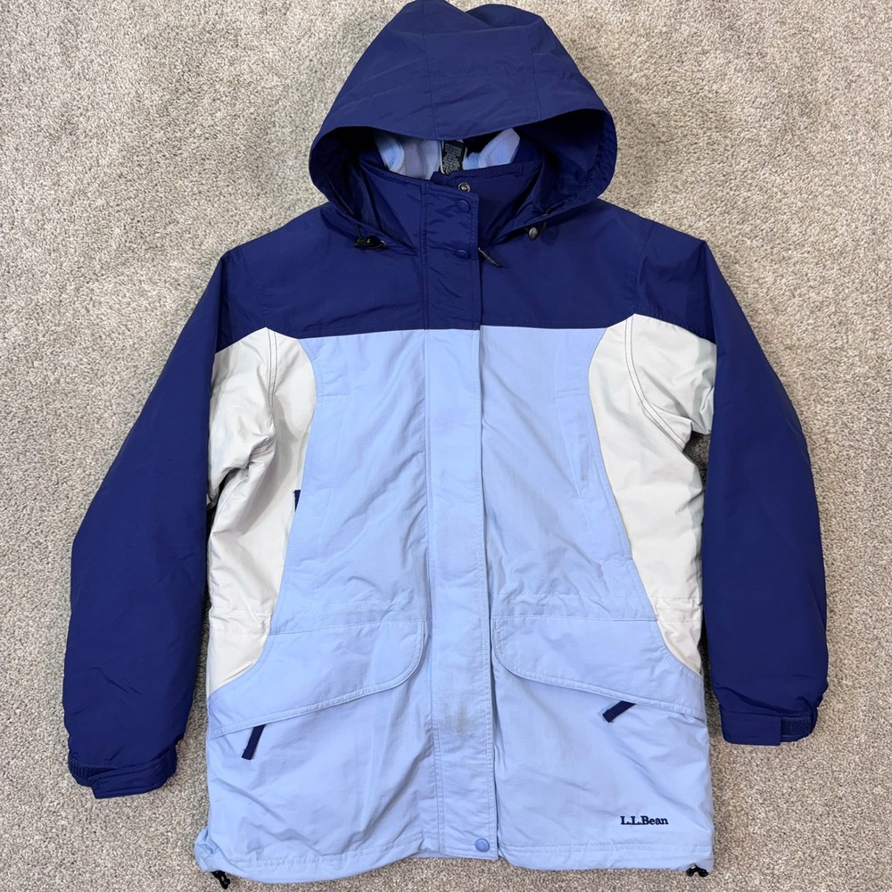 L.L. Bean Winter Jacket Womens Medium Blue Colorblock Fleece Lined Hooded Parka